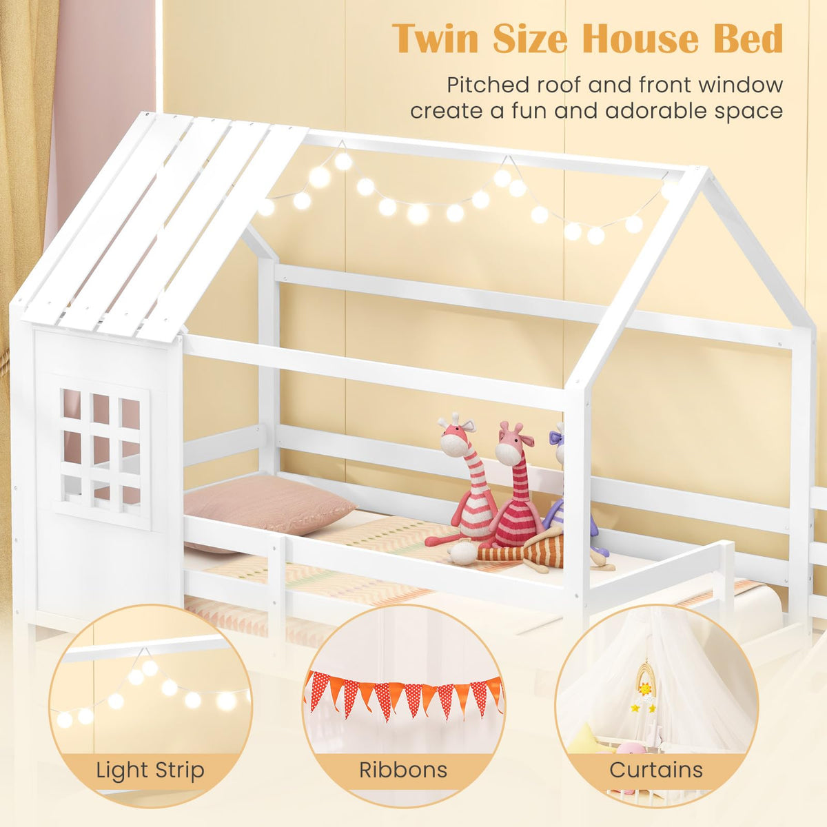 Goflame Twin Bunk Beds with Stairs, Floor House Bed with Roof & Window