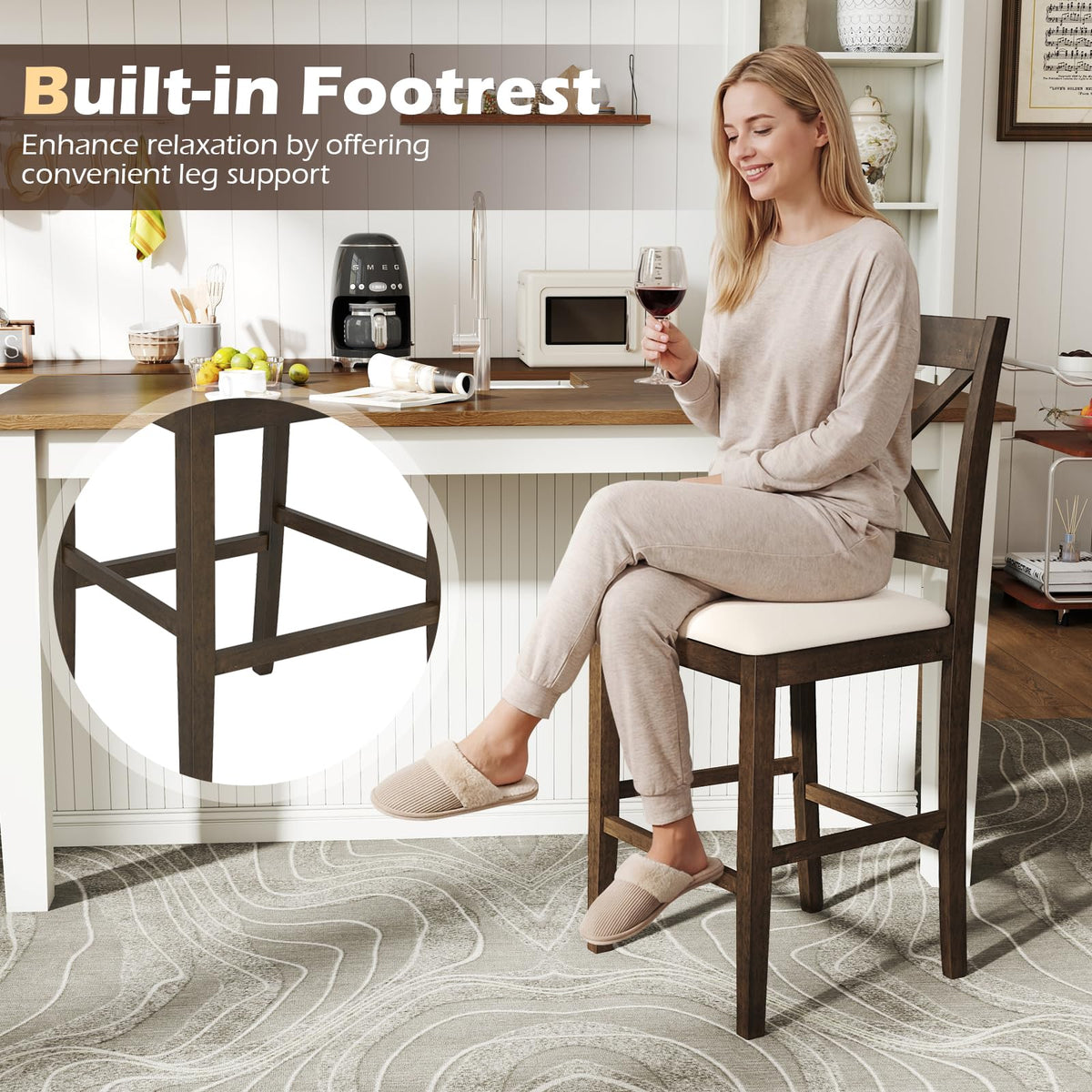 Goflame 24" Farmhouse Bar Stools | Cross Back Counter Height Chairs with Padded Linen Upholstered Seat (2/4)