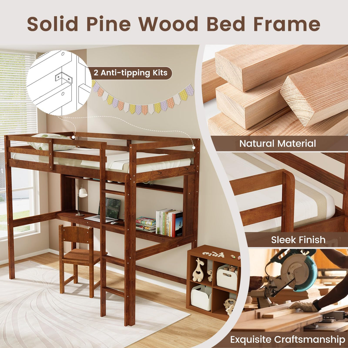 Goflame Twin Loft Bed with Desk and Bookshelf, Wooden Bed Frame with Safety Guardrail & Ladder