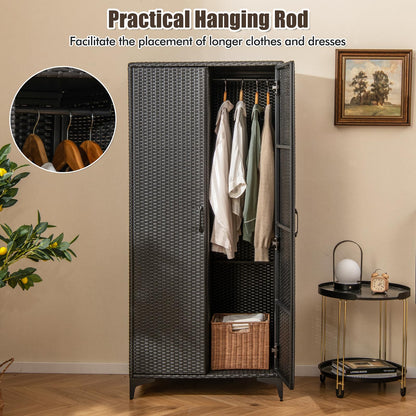 Goflame Wicker Storage Cabinet, 62” Tall Pantry Cabinet with 2 Doors, Hanging Rod, 4 Storage Cubes