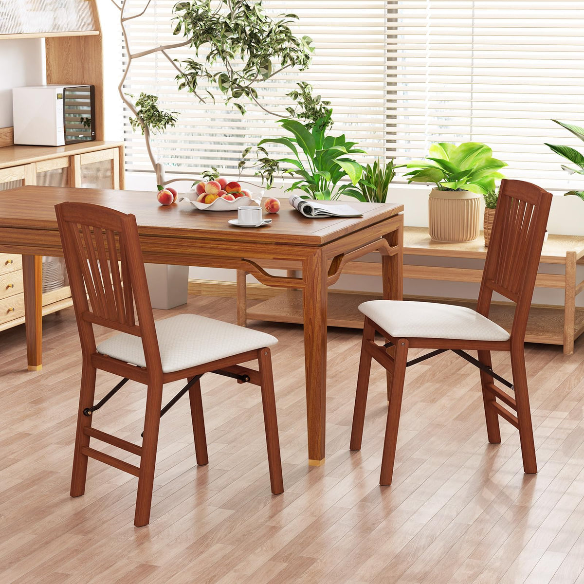Goflame Folding Dining Chairs Set of 2/4, Modern Kitchen Chairs w/Padded Seat & Slatted Backrest, Rubber Wood Frame