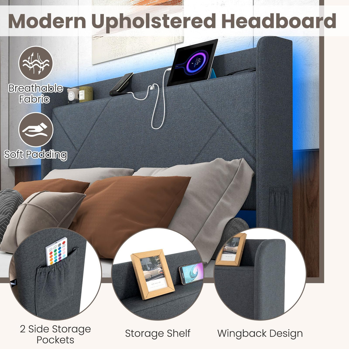 Goflame Full/Queen Size Bed Frame with 4 Storage Drawers & LED Lights, Headboard & Charging Station, Wooden Slats, Easy Assembly, Grey