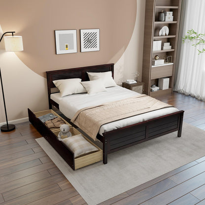 Goflame Wood Full Size Bed Frame with 2 Storage Drawers, Solid Wood Platform Bed with Headboard