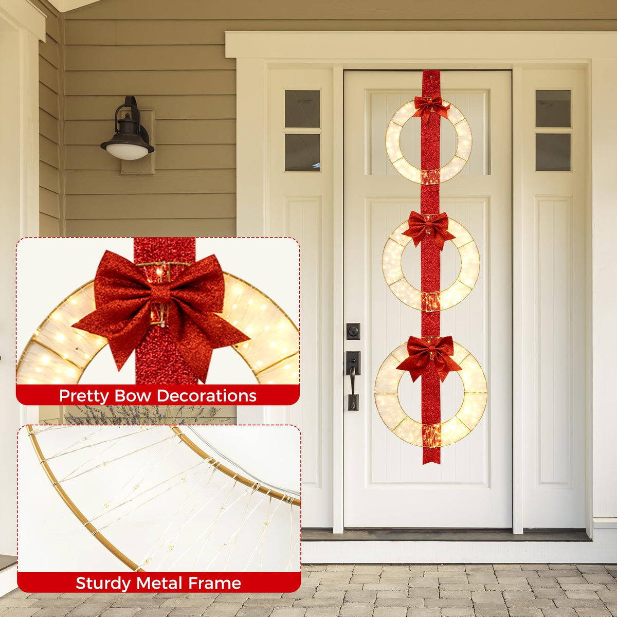 Goflame Set of 3 Pre-Lit Wreaths, 5.8 FT Xmas Light-up Decorations on Red Ribbon with 450 LED Lights