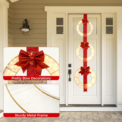 Goflame Set of 3 Pre-Lit Wreaths, 5.8 FT Xmas Light-up Decorations on Red Ribbon with 450 LED Lights