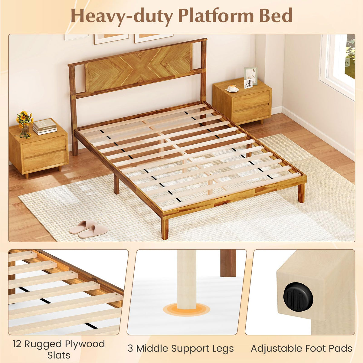 Goflame Queen/Full/Twin Size Acacia Wood Platform Bed Frame Mid-Century Modern Bed Frame with Headboard