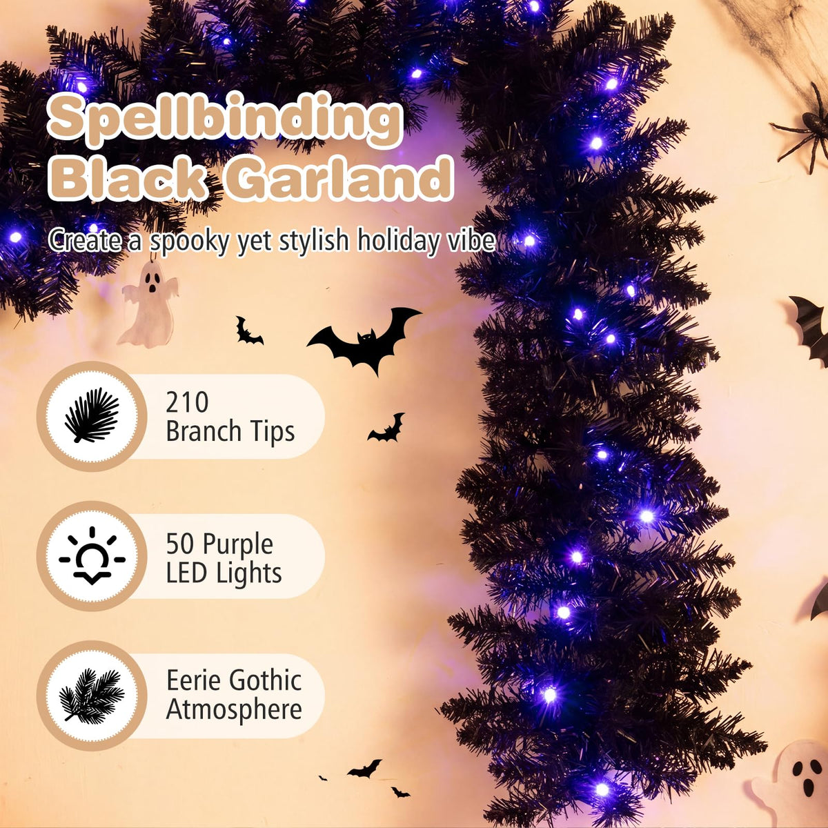 GOFLAME 9FT Pre-lit Black Halloween Garland with 50 Purple LED Lights