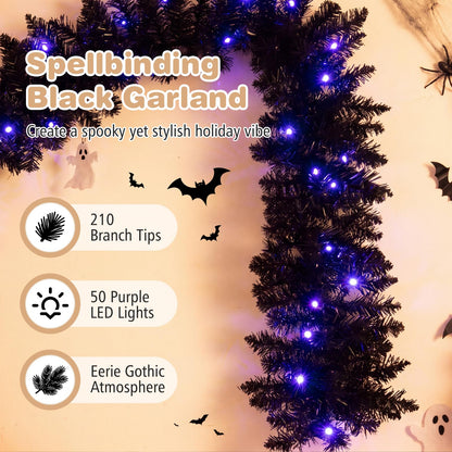 GOFLAME 9FT Pre-lit Black Halloween Garland with 50 Purple LED Lights