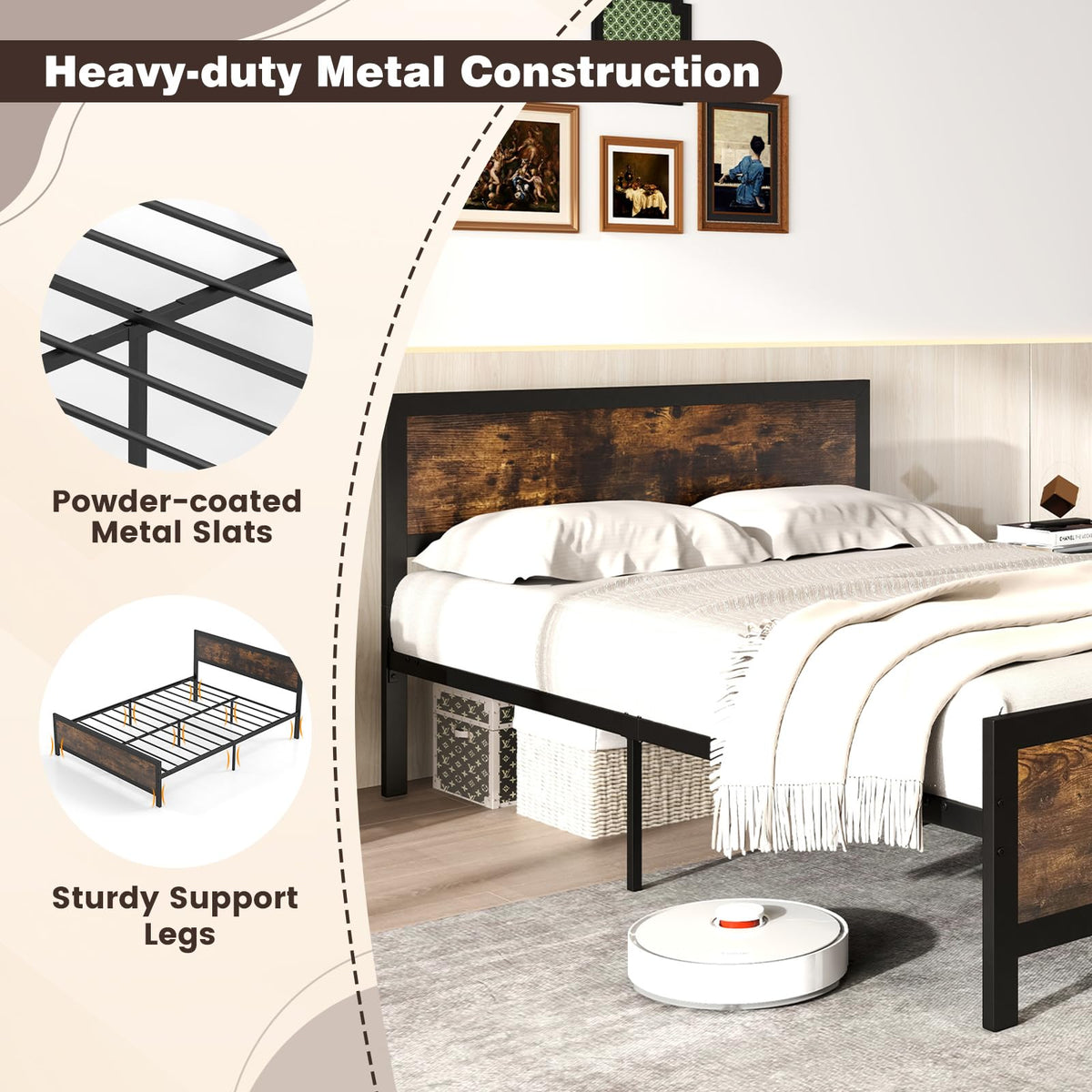 Goflame Metal Full Size Platform Bed Frame with Wood Headboard and Footboard