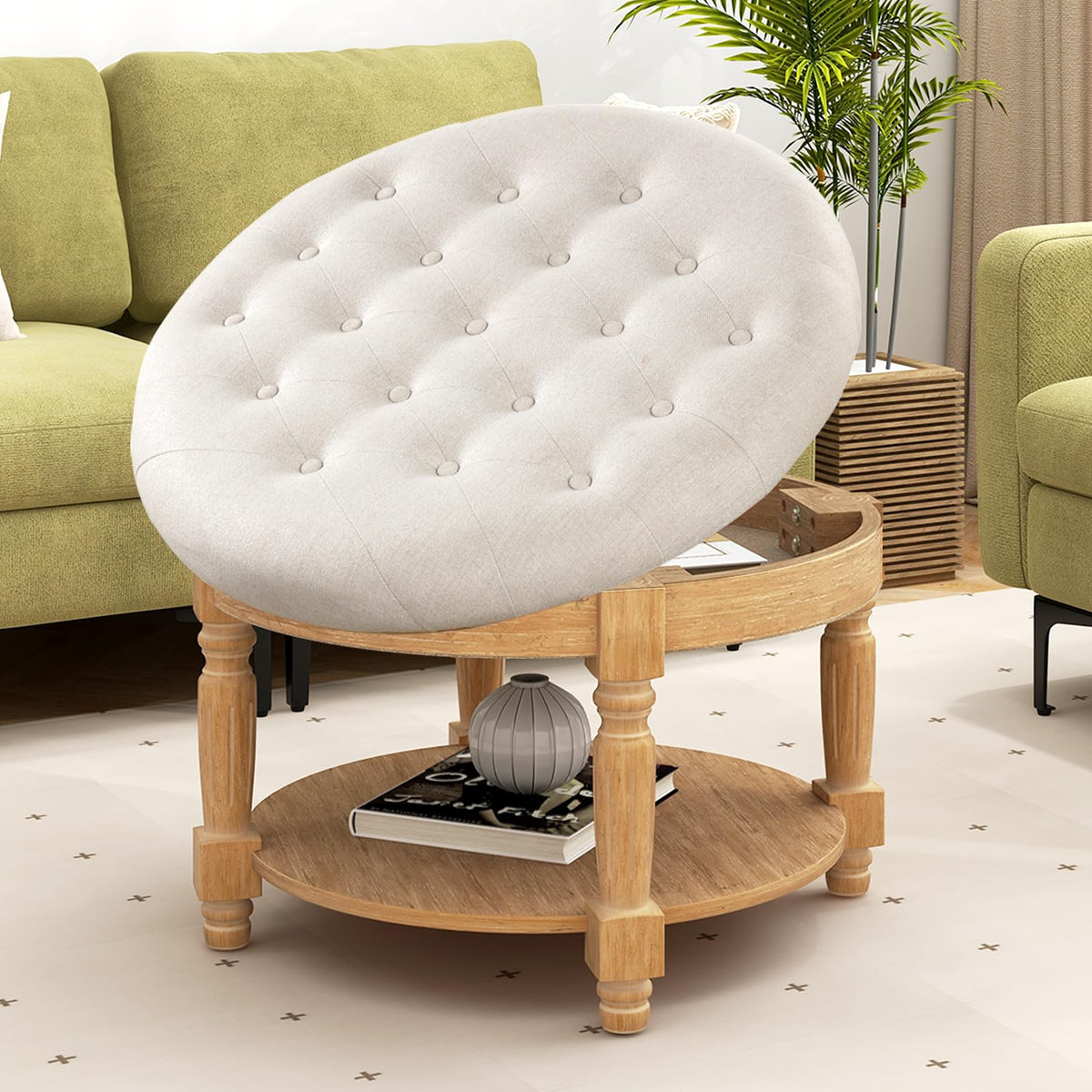 Goflame Large Ottoman Coffee Table - 29 inch Oversized Round Ottoman with Storage Shelf, Flip up Top, Wood Legs