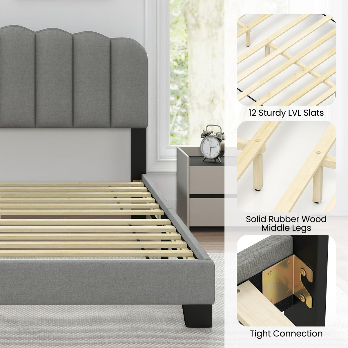 Goflame Queen Bed Frame Linen Upholstered Platform Bed with Adjustable Scalloped Tufted Headboard