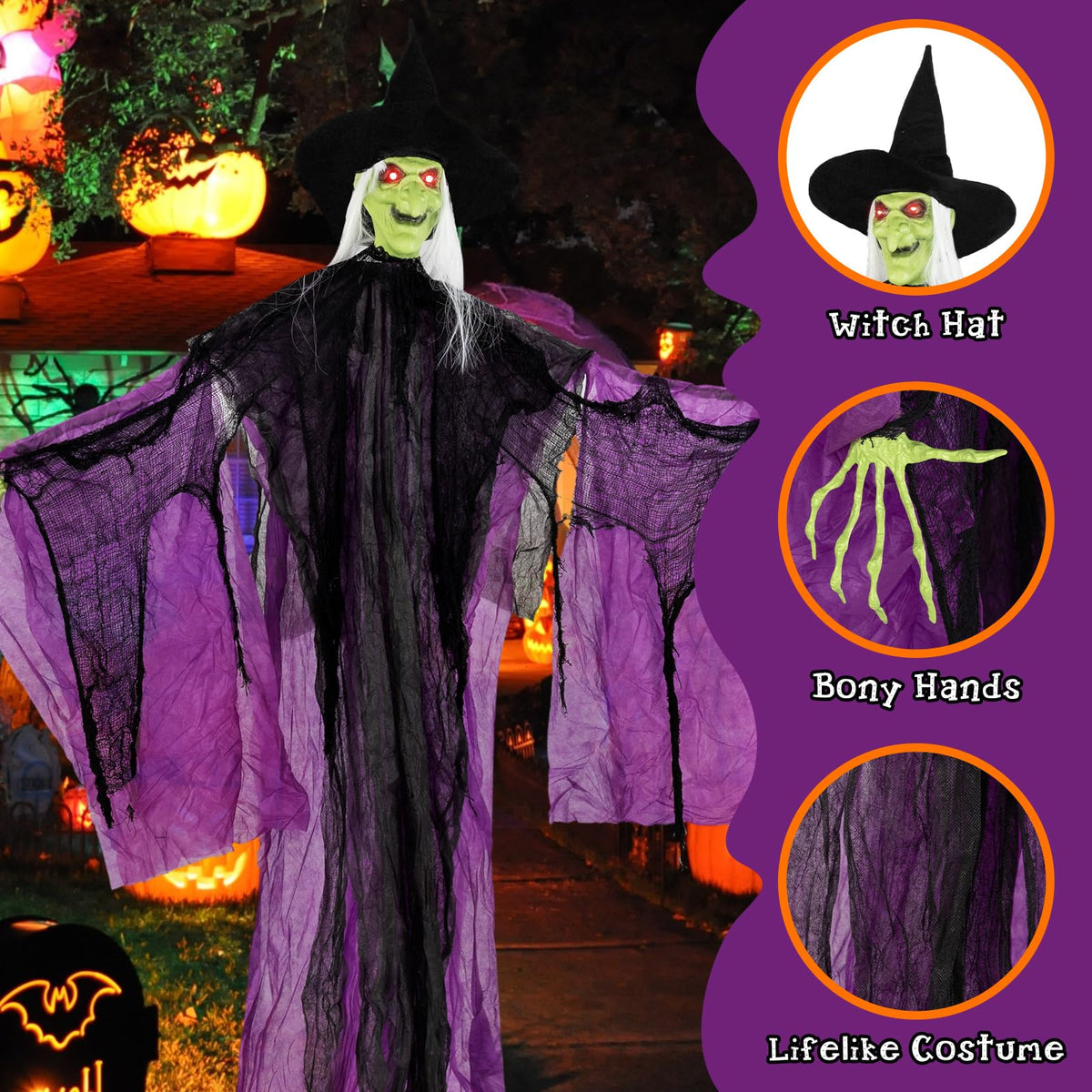 Goflame 7.2 FT Halloween Animatronic Witch, Animated Standing Poseable Figure with Light up Eyes