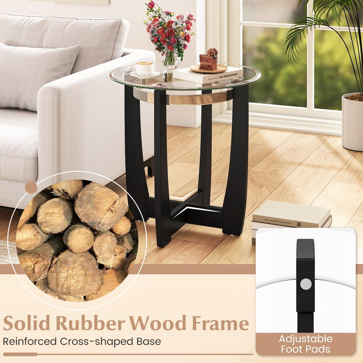 Goflame Round Glass End Table - 24’’ Side Table with Tempered Glass Top