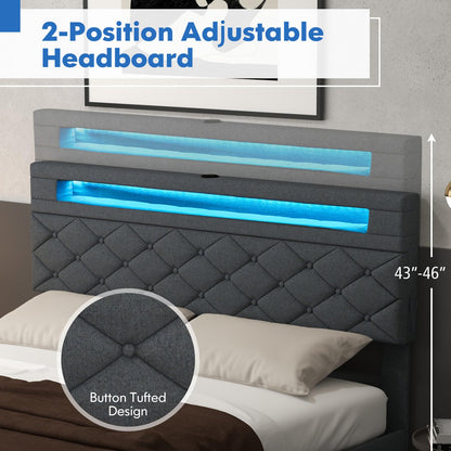 Goflame Queen/Full Size Bed Frame with Storage Headboard and 4 Drawers, Modern Upholstered Platform Bed with Charging Station