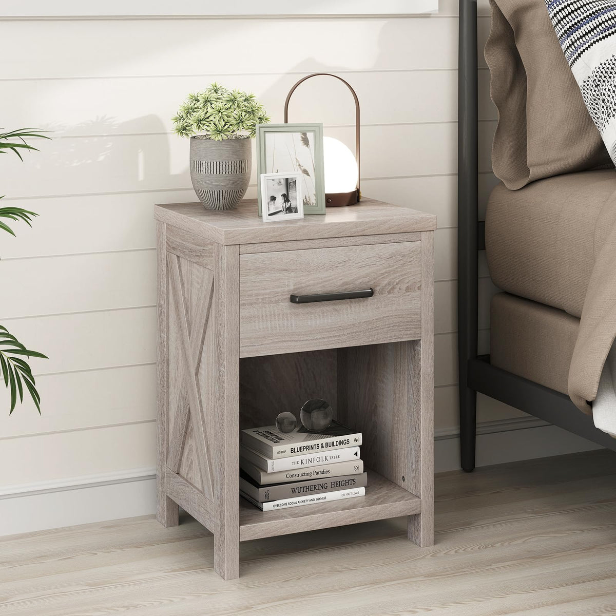 Goflame Wooden Bedside Table with Storage Drawer and Open Shelf