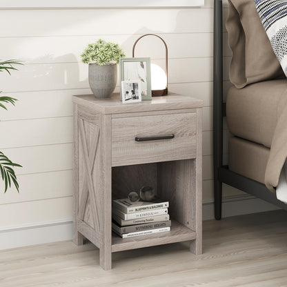 Goflame Wooden Bedside Table with Storage Drawer and Open Shelf