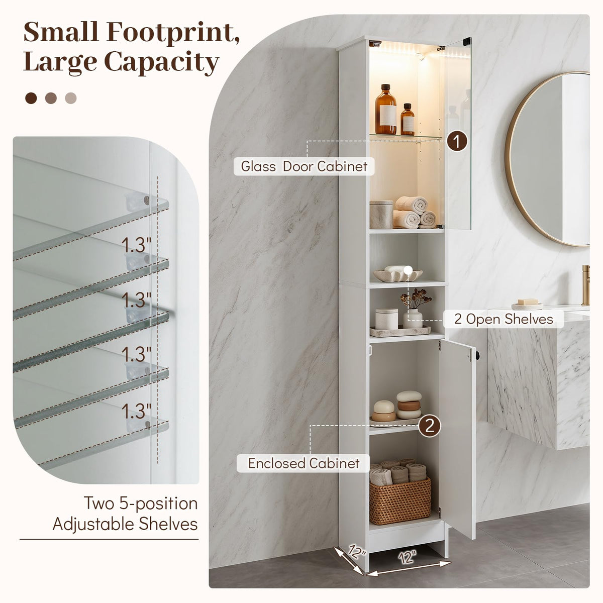 Goflame Tall Narrow Bathroom Cabinet with Lights & Remote Control (1/2)