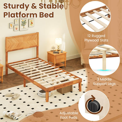 Goflame Wood Twin Bed/Full Size Bed/Queen Bed Frames with Headboard, Solid Acacia Wood Platform Bed with 12 Strong Wooden Slat Support