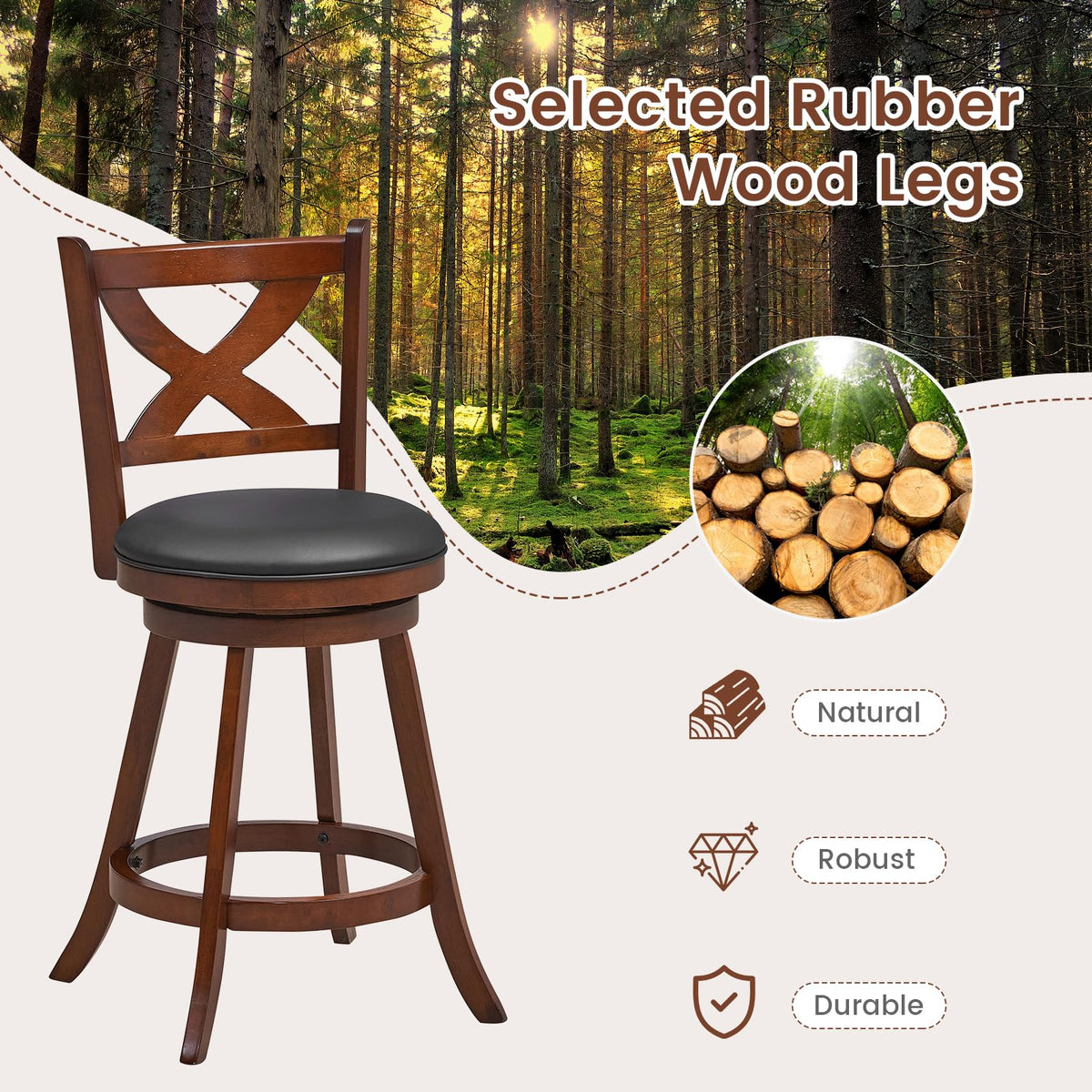 Goflame Swivel Bar Stools Set of 2, Farmhouse Wooden Barstools with Back