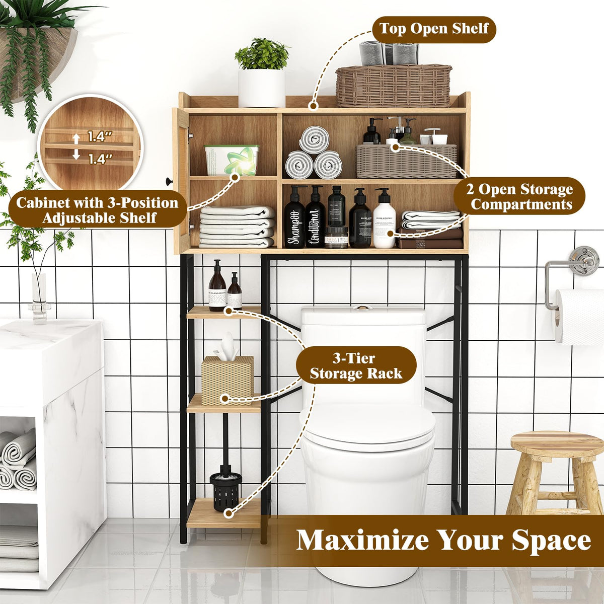 Goflame Over The Toilet Storage Cabinet, Freestanding Storage Organizer Above Toilet with PE Rattan Door and Adjustable Shelf