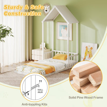 Goflame Twin Size House Bed Montessori Floor Bed with House Shape Roof & Semi-Fence