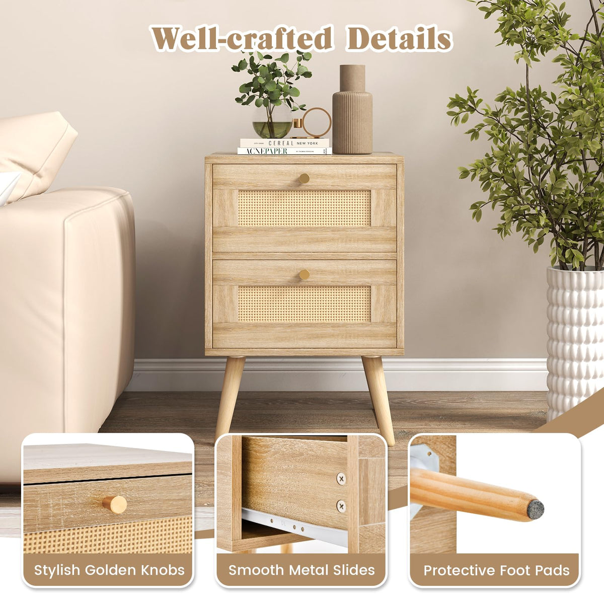 Goflame Rattan Nightstand Set of 2