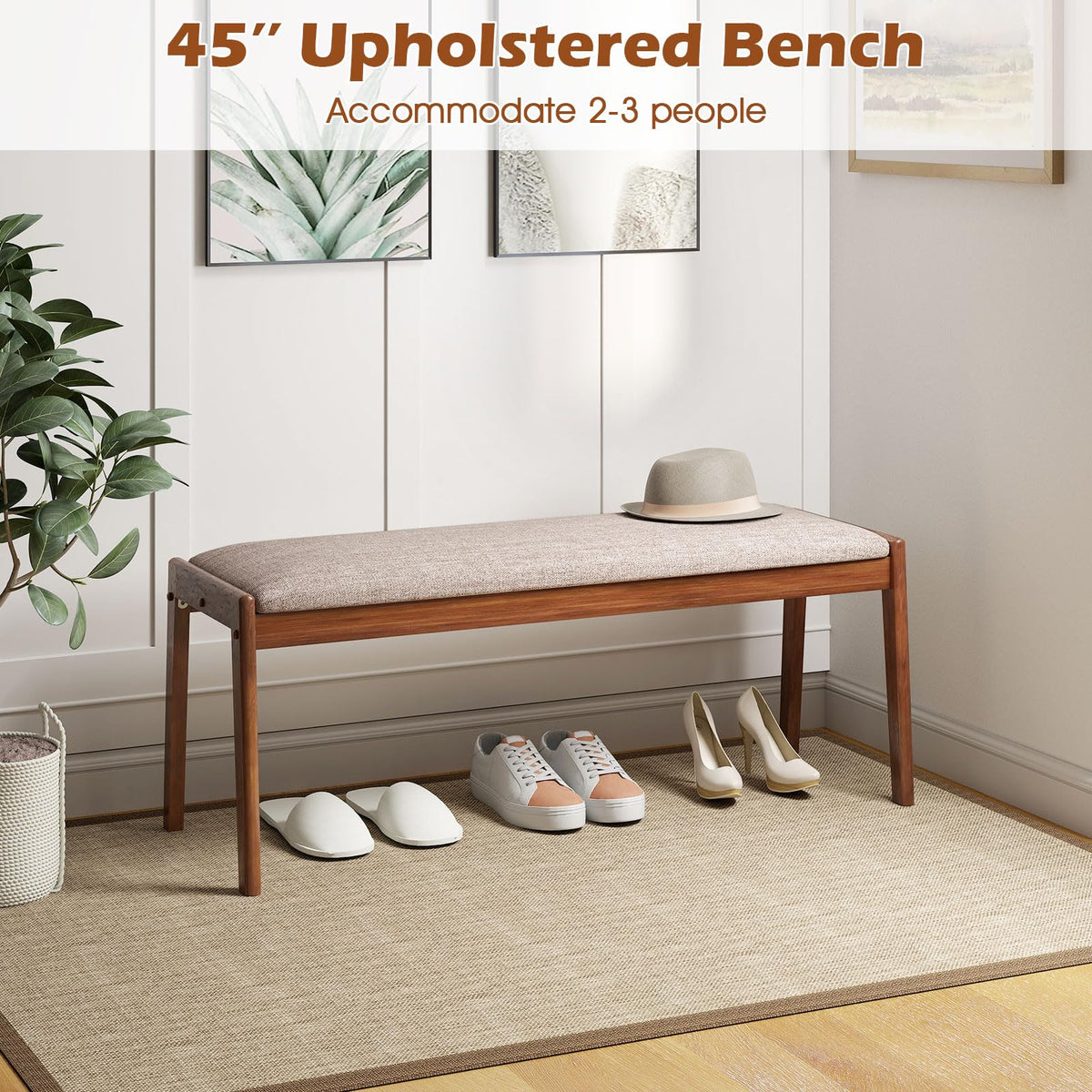 Goflame 45" Upholstered Entryway Bench with Rubber Wood Legs and Fabric Padded Seat