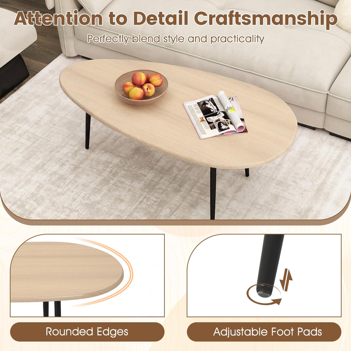 Goflame Oval Mid Century Modern Coffee Table Sturdy Metal Frame and Compact Design