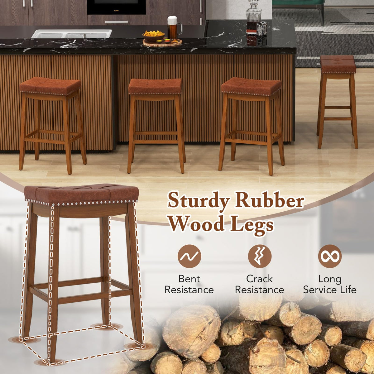 Goflame Bar Stools Set, 29" Counter Height Bar Stools w/Saddle Seat, Footrest, Rivet, Button Tufted, Rubber Wood Frame