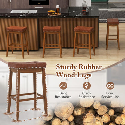 Goflame Bar Stools Set, 29" Counter Height Bar Stools w/Saddle Seat, Footrest, Rivet, Button Tufted, Rubber Wood Frame
