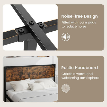 Goflame Full Size Bed Frame with Rustic Headboard & Footboard, Strong Metal Slat Support Mattress Foundation
