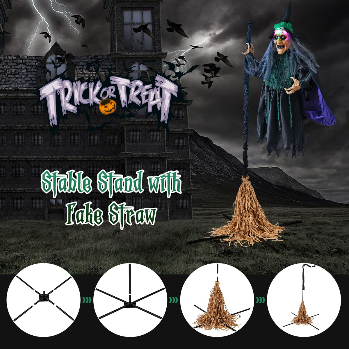 Goflame Witch with Broomstick Halloween Animatronic, Life Size Animated Halloween Prop with Laughing and Screaming Sound