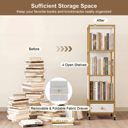 Goflame 4-Tier Rotating Bookshelf | 360° Spinning Corner Book Shelf Tower W/Removable Fabric Storage Drawer