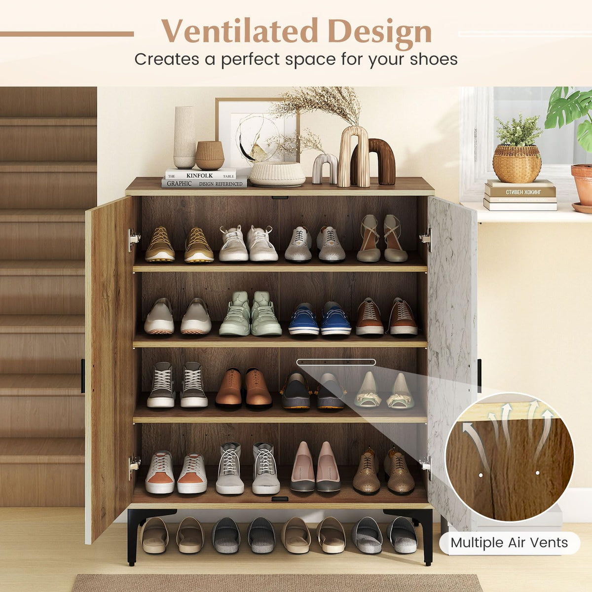Goflame Shoe Cabinet 4-Tier Wooden Shoe Rack Cabinet(Marble Pattern Door)