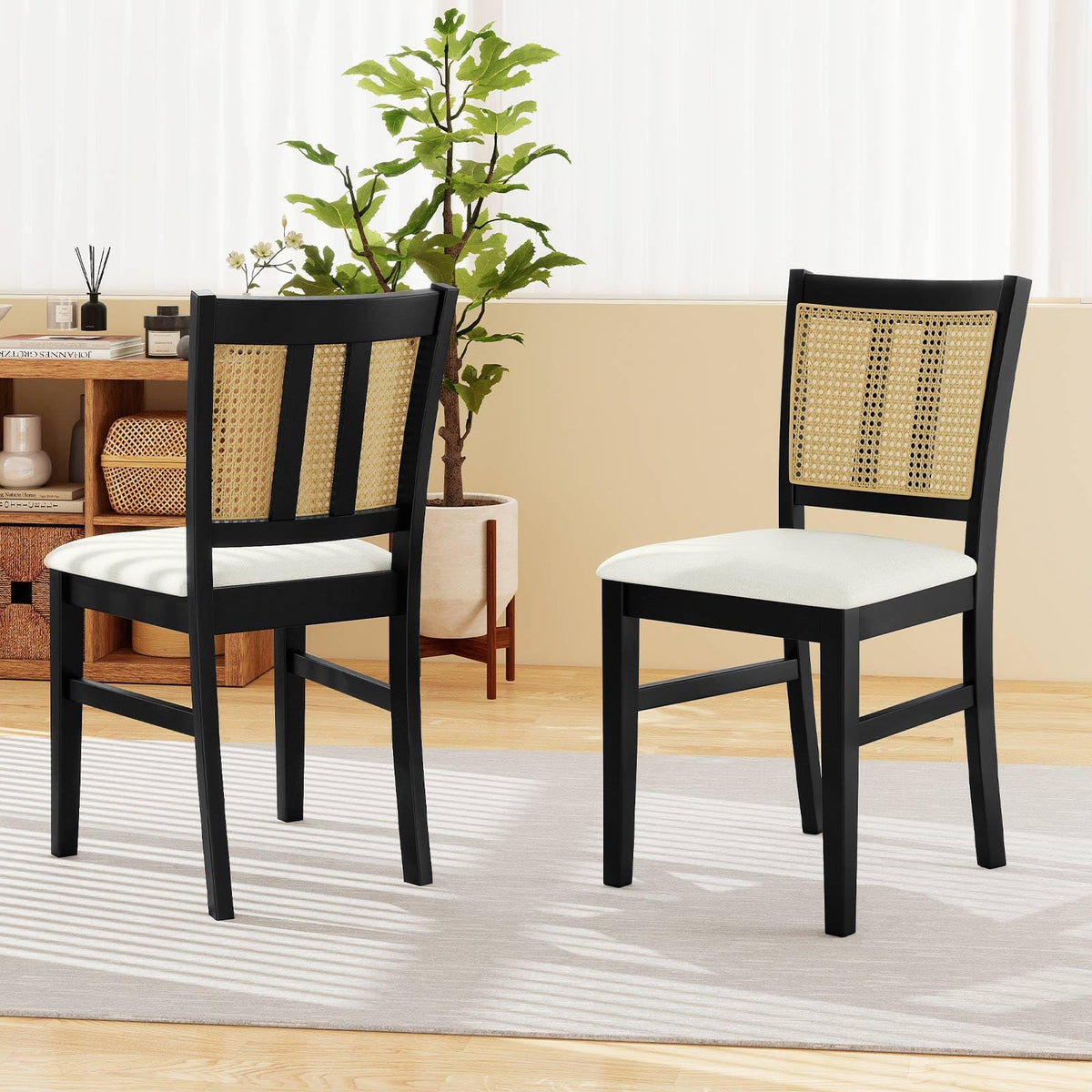 Goflame Rattan Dining Chairs Set of 2/4 Farmhouse Fabric Upholstered Kitchen Chairs with Rubber Wood Legs