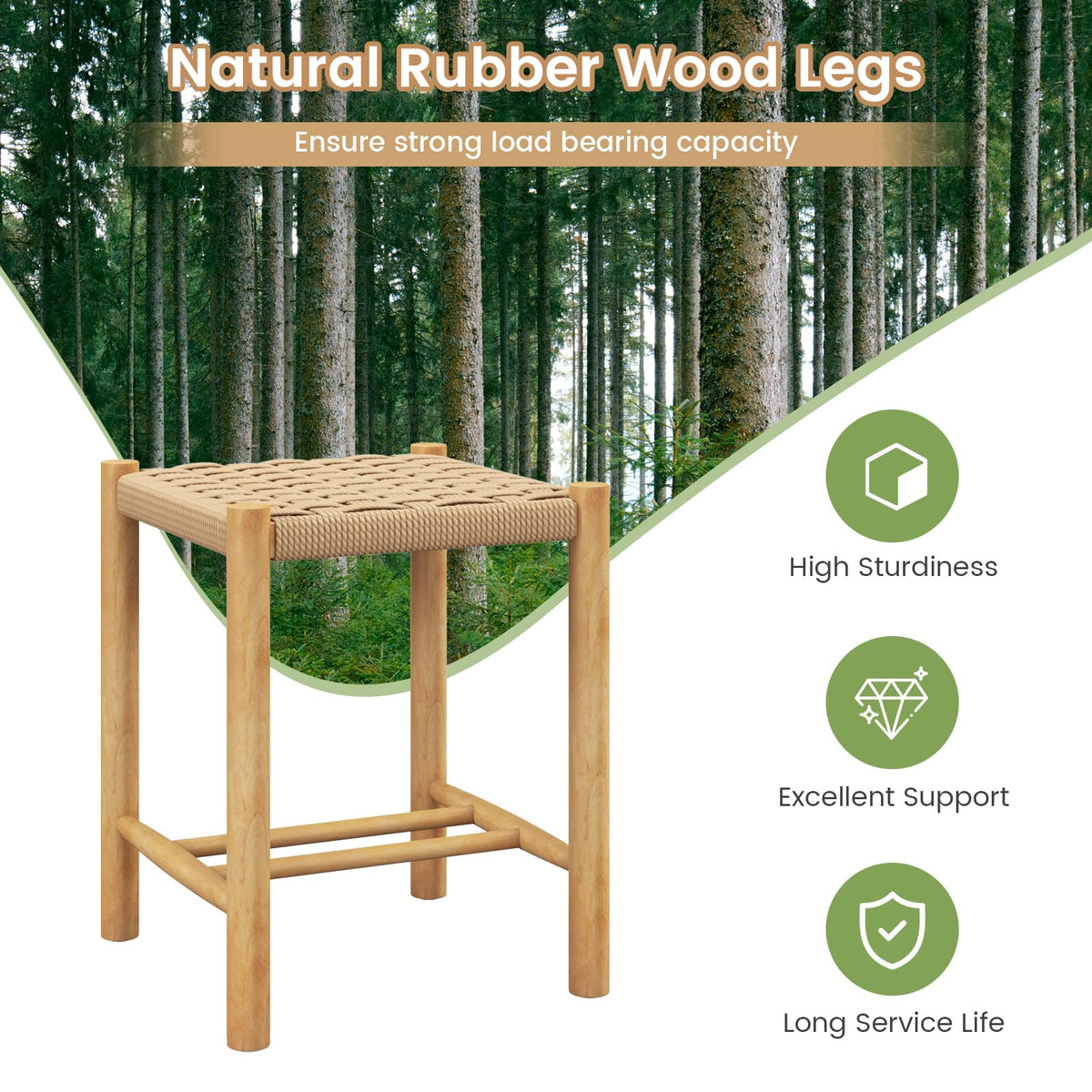 Goflame Wood Stools Set of 2, 18" Tall Boho Backless Stool Chairs with Rubber Wood Legs