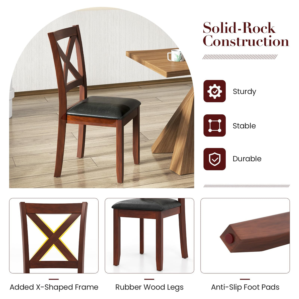 Goflame Wood Dining Chairs, Faux Leather Upholstered Dining Chairs with Rubber Wood Legs