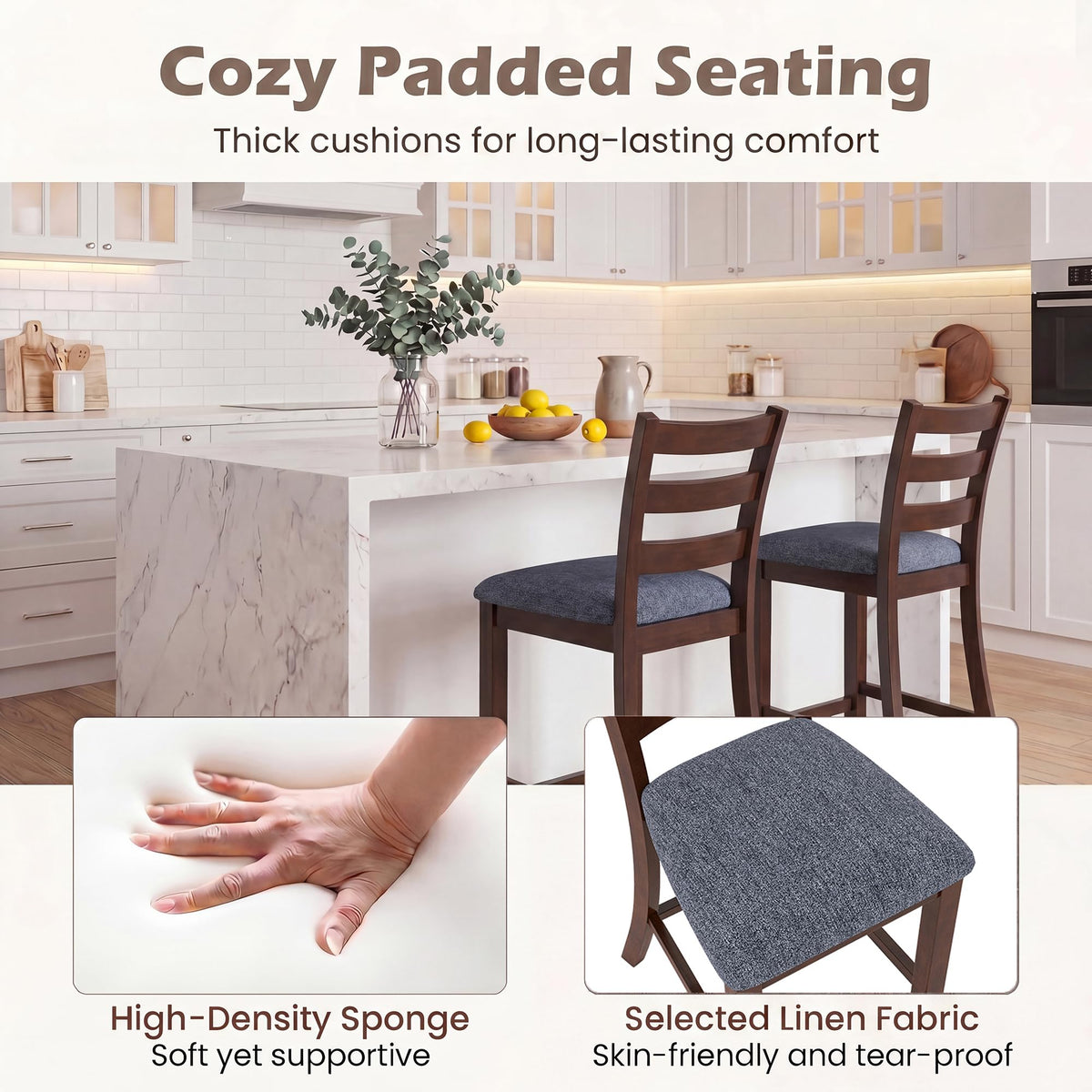 Goflame 26 Inch Farmhouse Upholstered Wooden Barstools with Footrest (2/4)