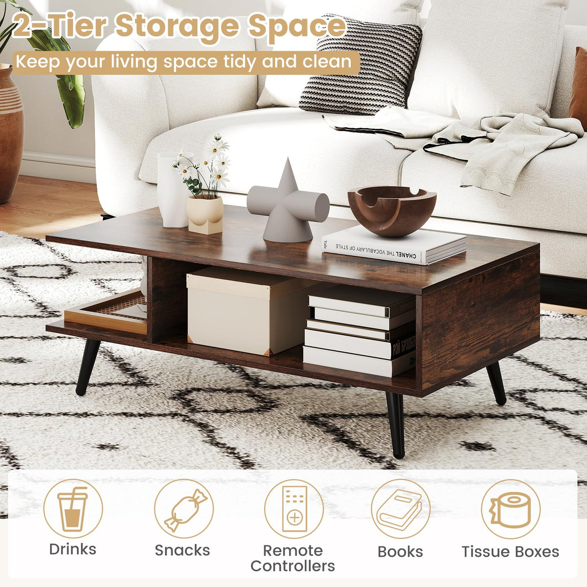 Goflame Coffee Table with Storage for Living Room