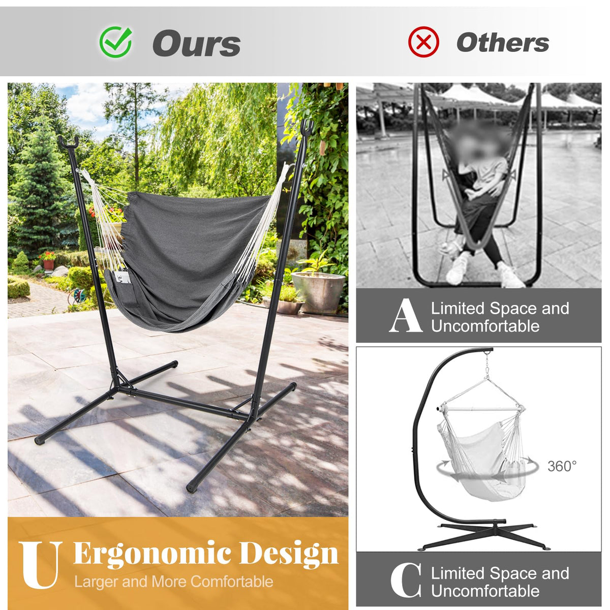 Goflame Hammock Chair with H-Shaped Stand - Heavy Duty Swing Chair with 6-Position Adjustable Height and Side Pocket