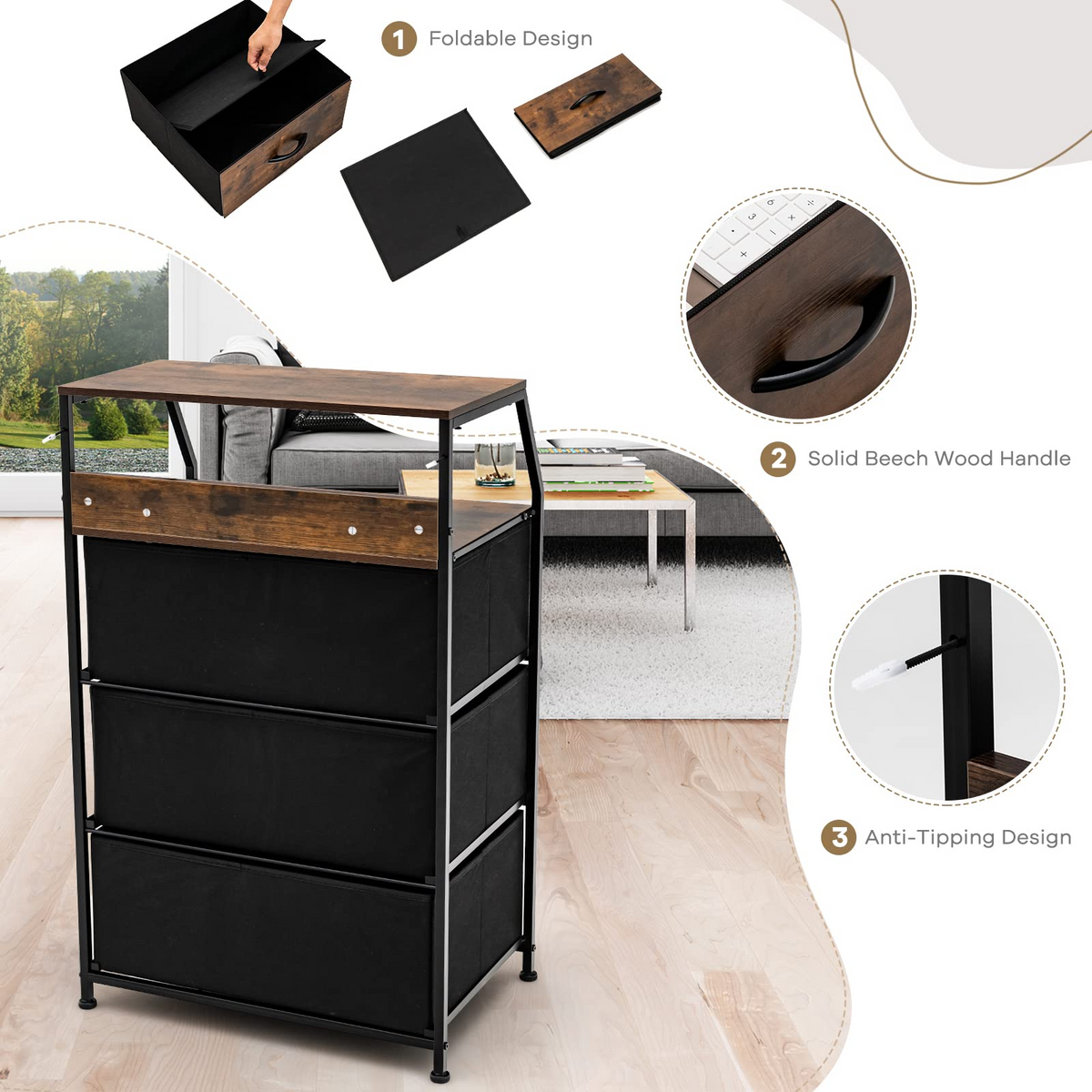 Goflame 3 Drawers Dresser, Storage Tower w/ 3 Foldable Fabric Drawers & Open Shelves