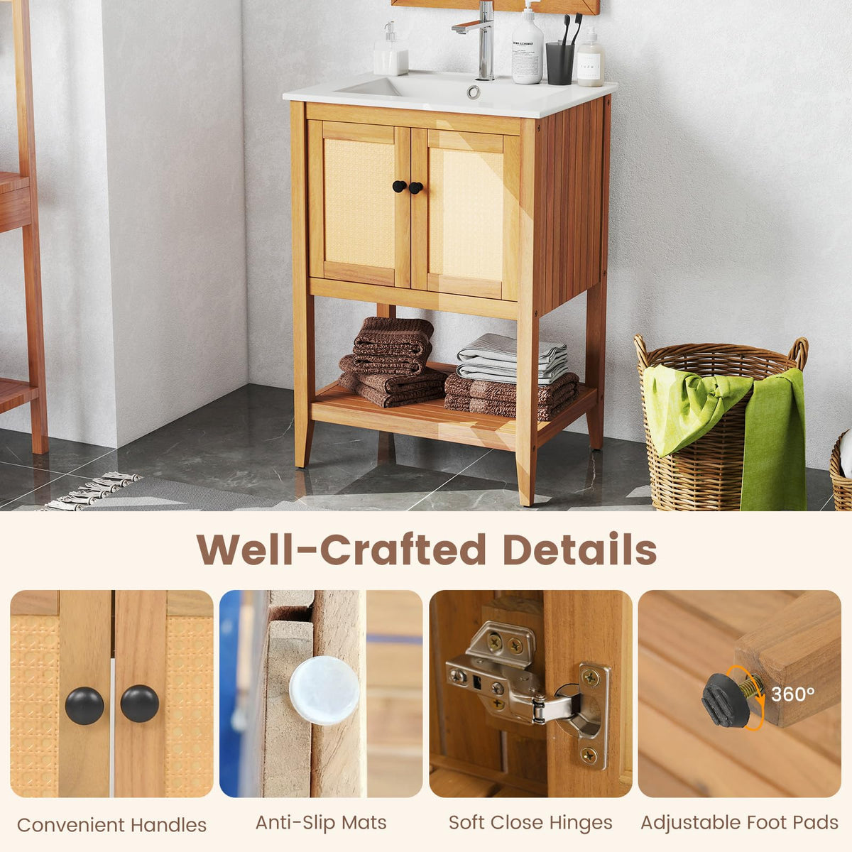Goflame Bathroom Vanity with Sink Solid Acacia Wood Modern Vanity Sink Cabinet
