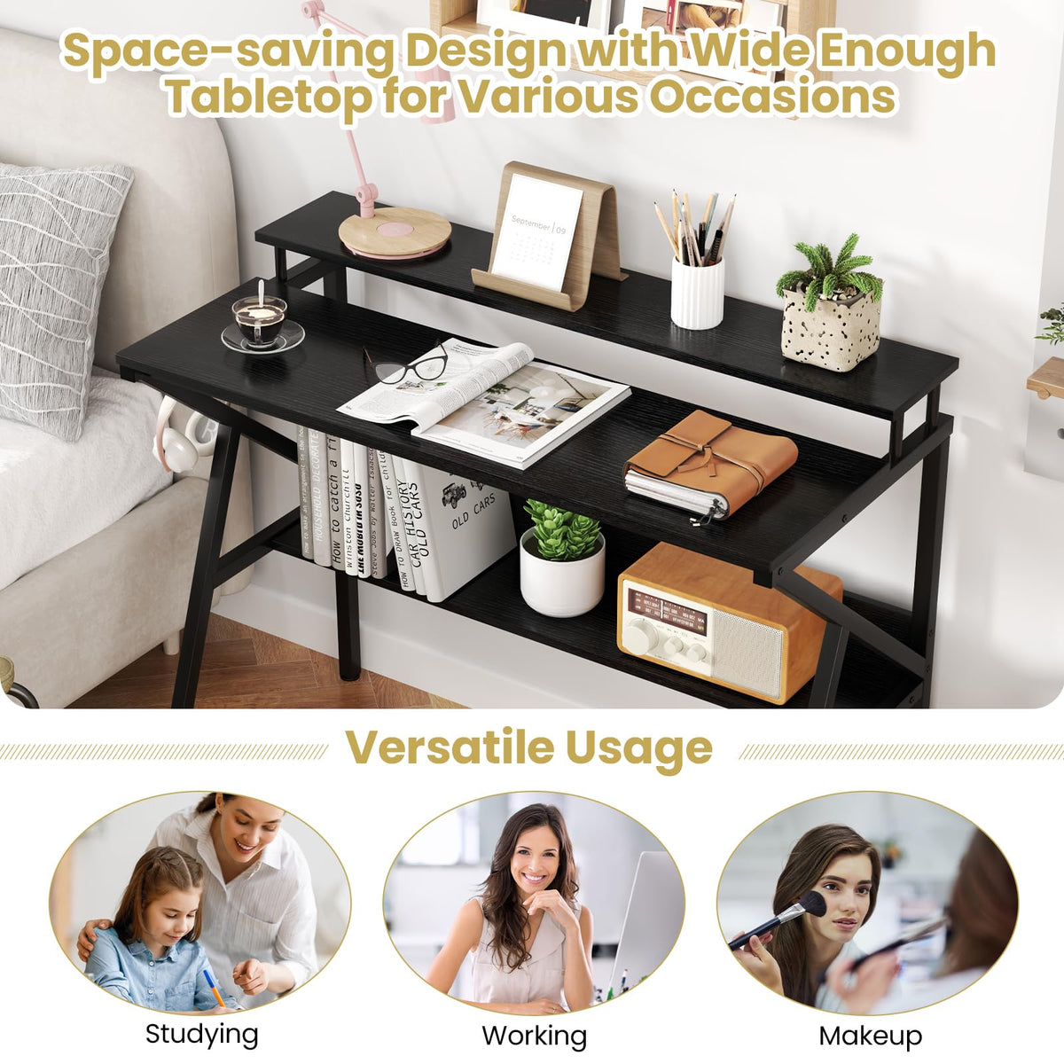 Goflame Space Saving Computer Desk with Monitor Stand and Extra Storage Shelf for Work Study