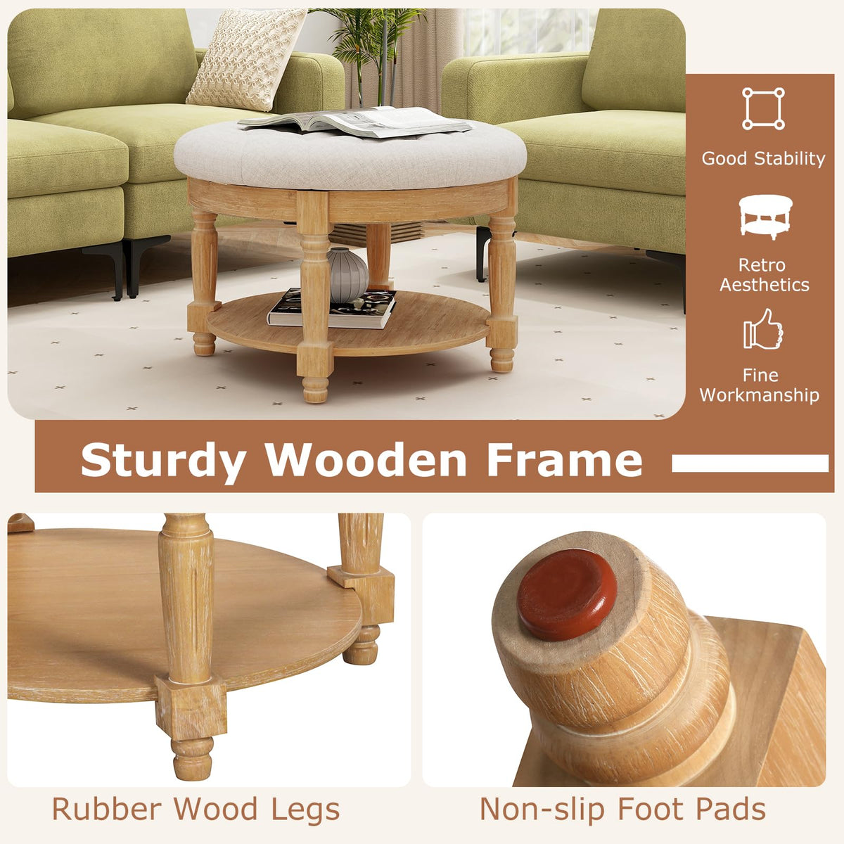 Goflame Large Ottoman Coffee Table - 29 inch Oversized Round Ottoman with Storage Shelf, Flip up Top, Wood Legs