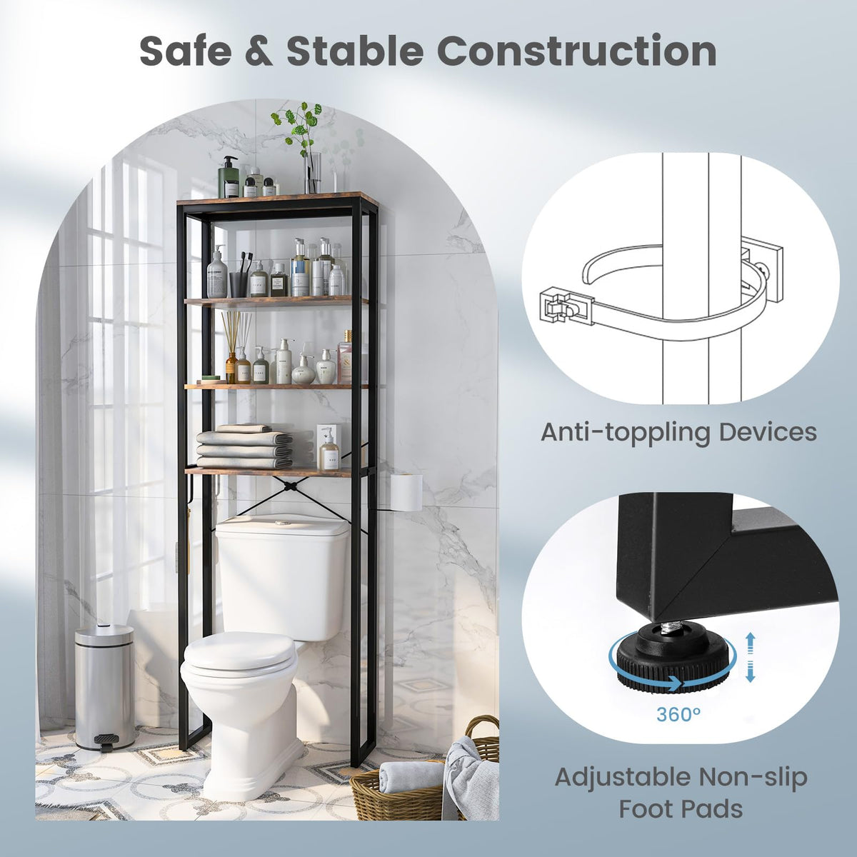 Goflame Over The Toilet Storage Rack, 4-Tier Wooden Bathroom Space Saver w/Metal Frame & 2 Hooks