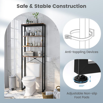 Goflame Over The Toilet Storage Rack, 4-Tier Wooden Bathroom Space Saver w/Metal Frame & 2 Hooks