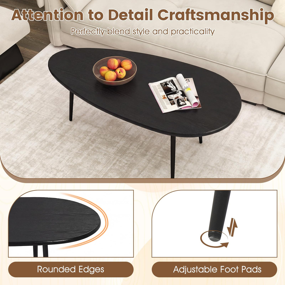 Goflame Oval Coffee Table | Mid Century Modern Center Table with Sturdy Metal Frame and Compact Design