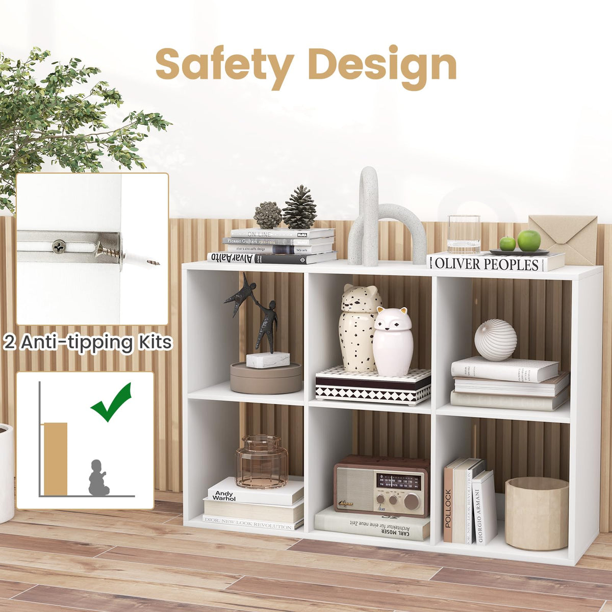 Goflame 6-Cube Bookcase, White Cubby Bookshelf w/Back Guardrail & Anti-Tipping Kits