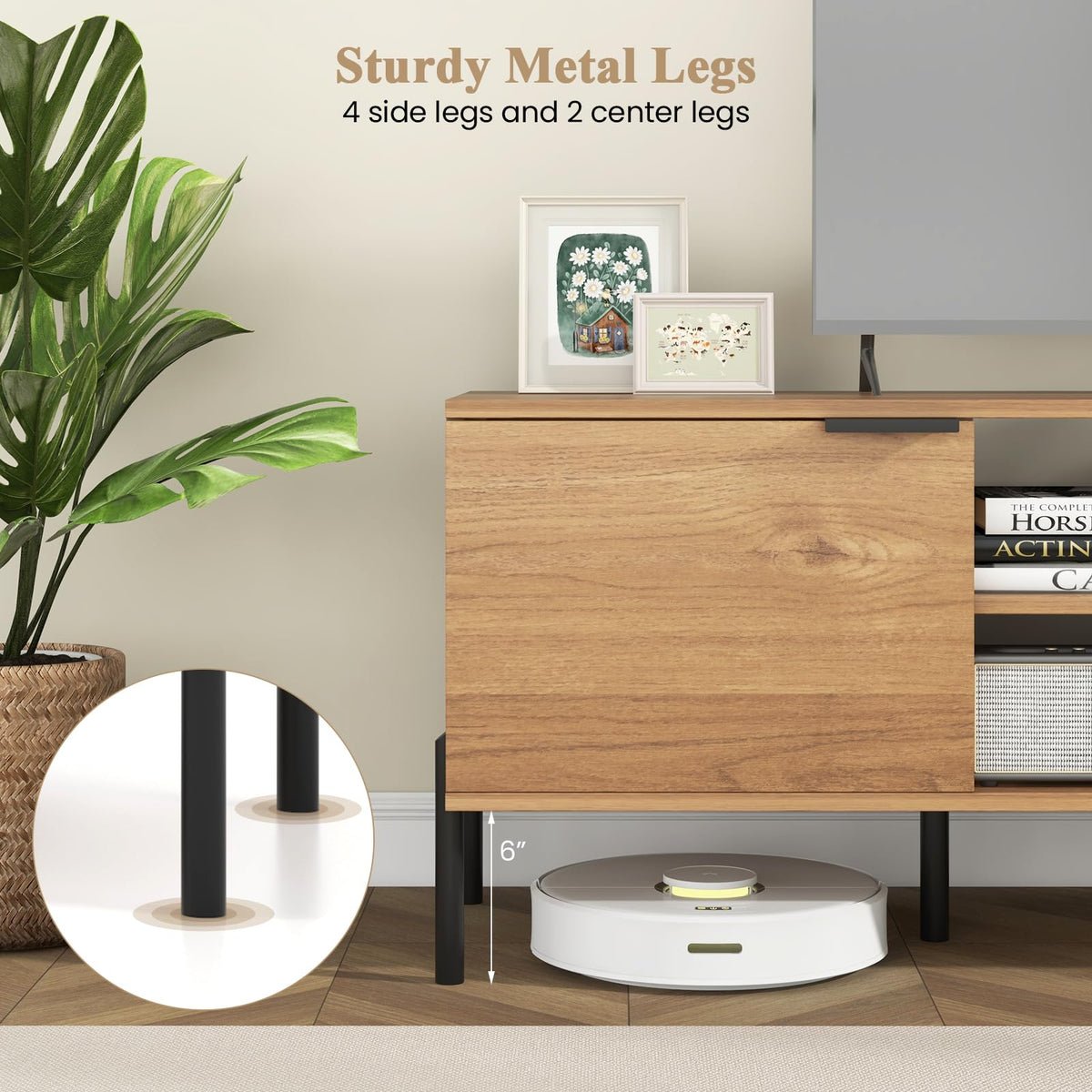 Goflame TV Stand for TVs up to 65”, Entertainment Center with Charging Station, 2 Cabinets, Open Shelves, 6 Sturdy Metal Legs