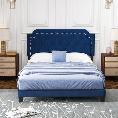 Goflame Velvet Queen Size Bed Frame, Upholstered Platform Bed with Button Tufted & Nailhead Trim Headboard